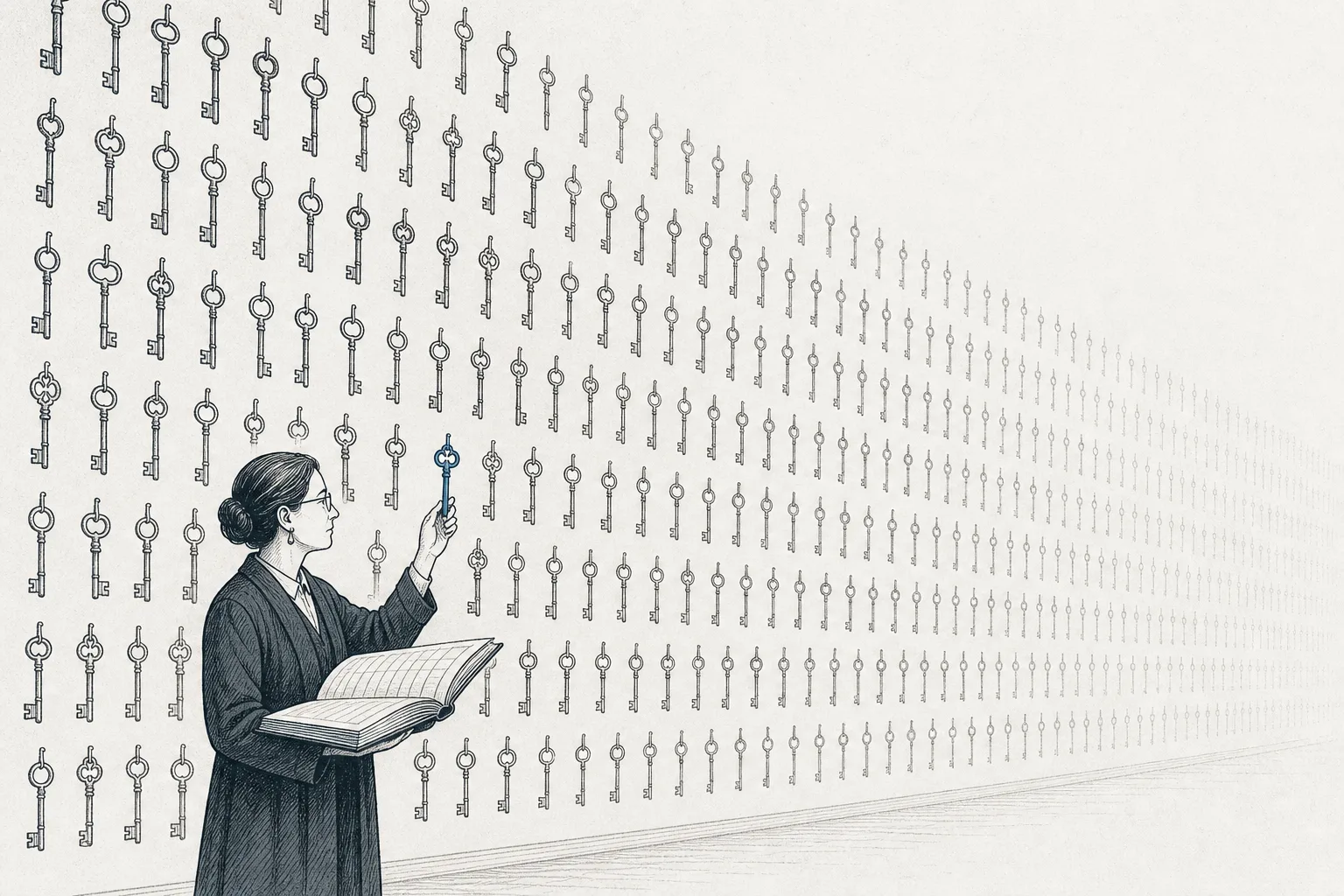 A single employee stands before a wall hung with hundreds of keys, while a librarian with a register walks down the line, checking key by key who should hold each one.