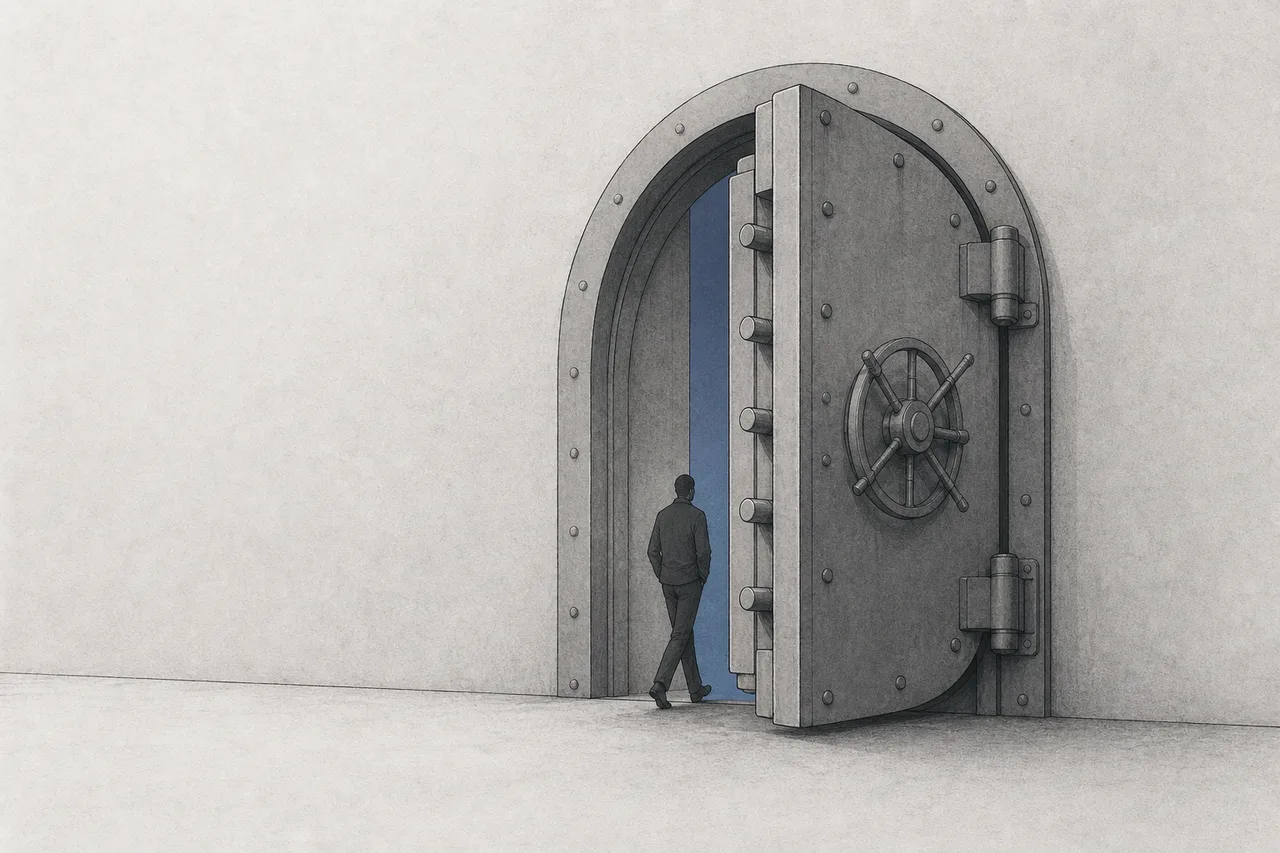 A massive, extremely strong security door — but left half-open by its own owner, with a shadow strolling right in, no break-in required
