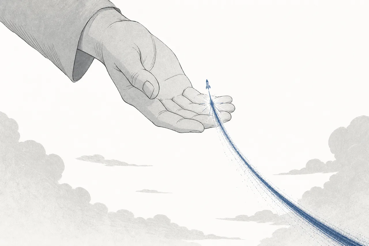 A giant reaching out to cradle a small startup rocketing upward, conveying a massive acquisition