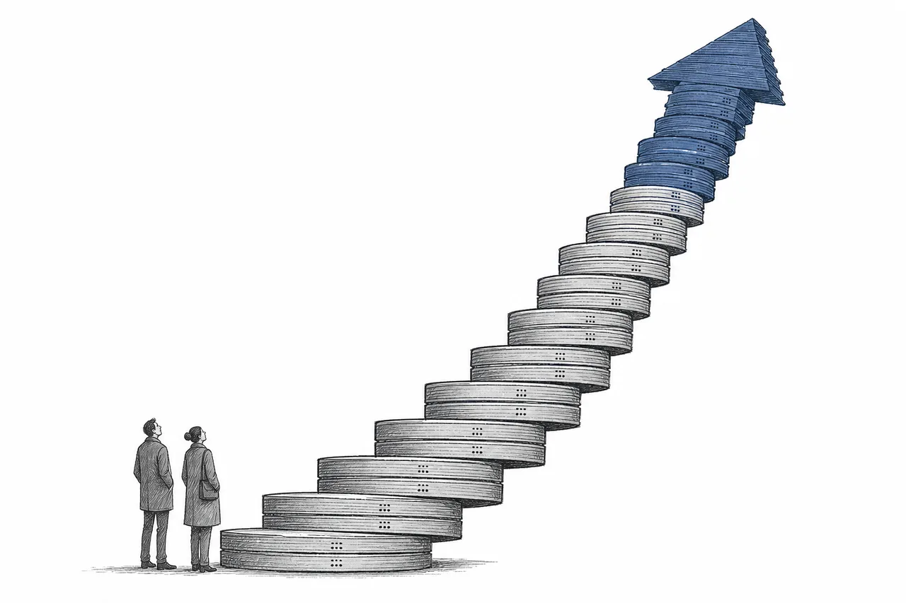 An upward-shooting arrow chart built out of stacked backup data disks, with tiny investors standing and watching with interest — conveying money flowing into the backup industry
