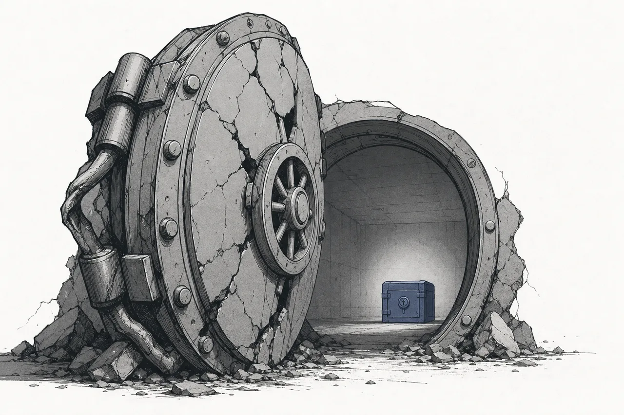 A large safe with its door pried open, but inside sits another tightly locked iron strongbox, untouched — meaning the outer wall is breached but the valuables are still safe