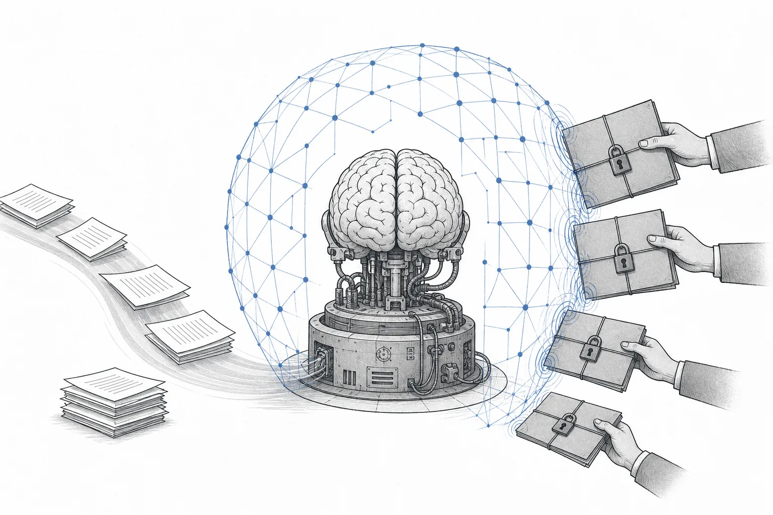 A shield made of data blueprints protects a learning machine brain, while a small hand tries to slip in a secret document but is filtered out.