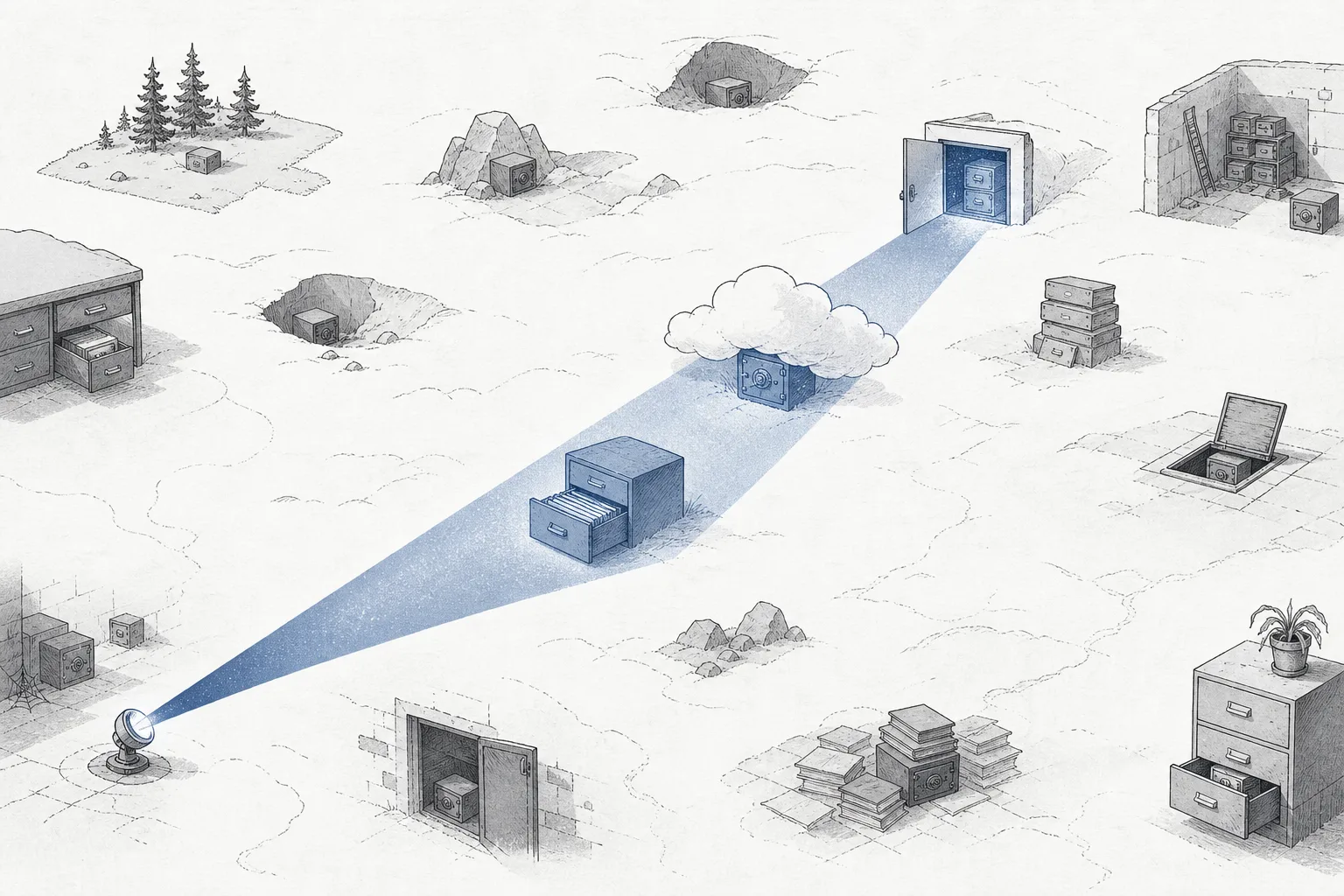 A huge map dotted with glowing points of secret data scattered everywhere — on clouds, in drawers, and in the shadows — while a beam from a scanner slowly sweeps across, finding and marking each one.