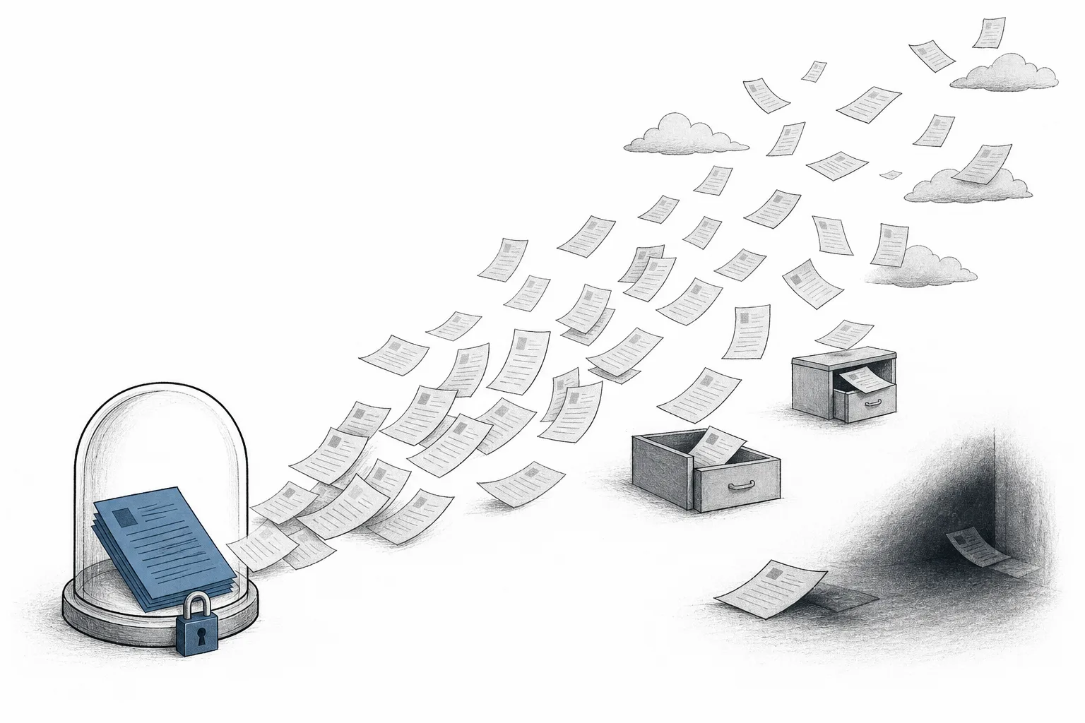 A single secret document slowly splitting into a flood of copies that drift everywhere — onto clouds, into drawers, and into the unwatched shadows.