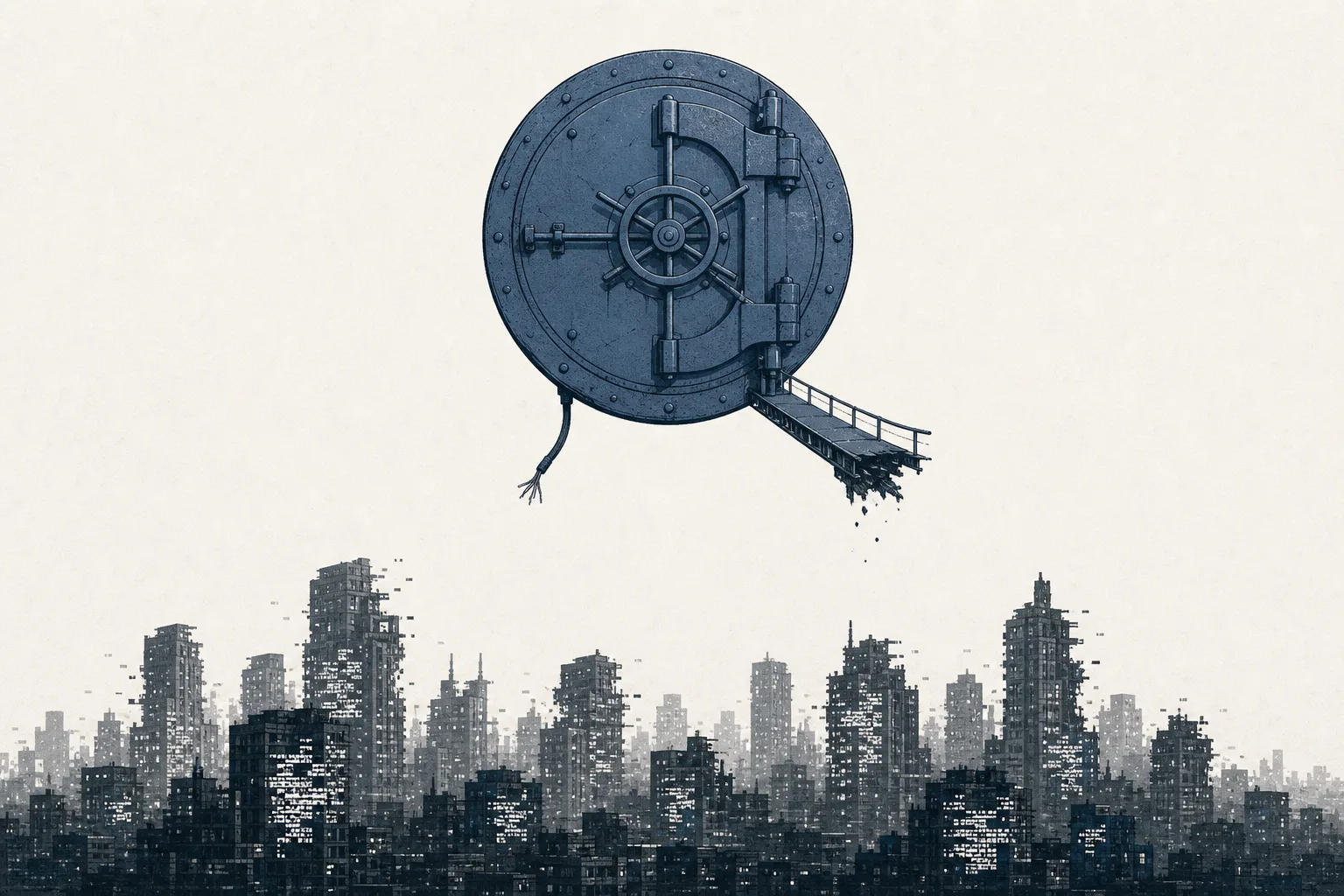 A thick steel safe, chained and cut off from the network, floats above a city in a blackout, holding the last copy of data the intruders can't reach.