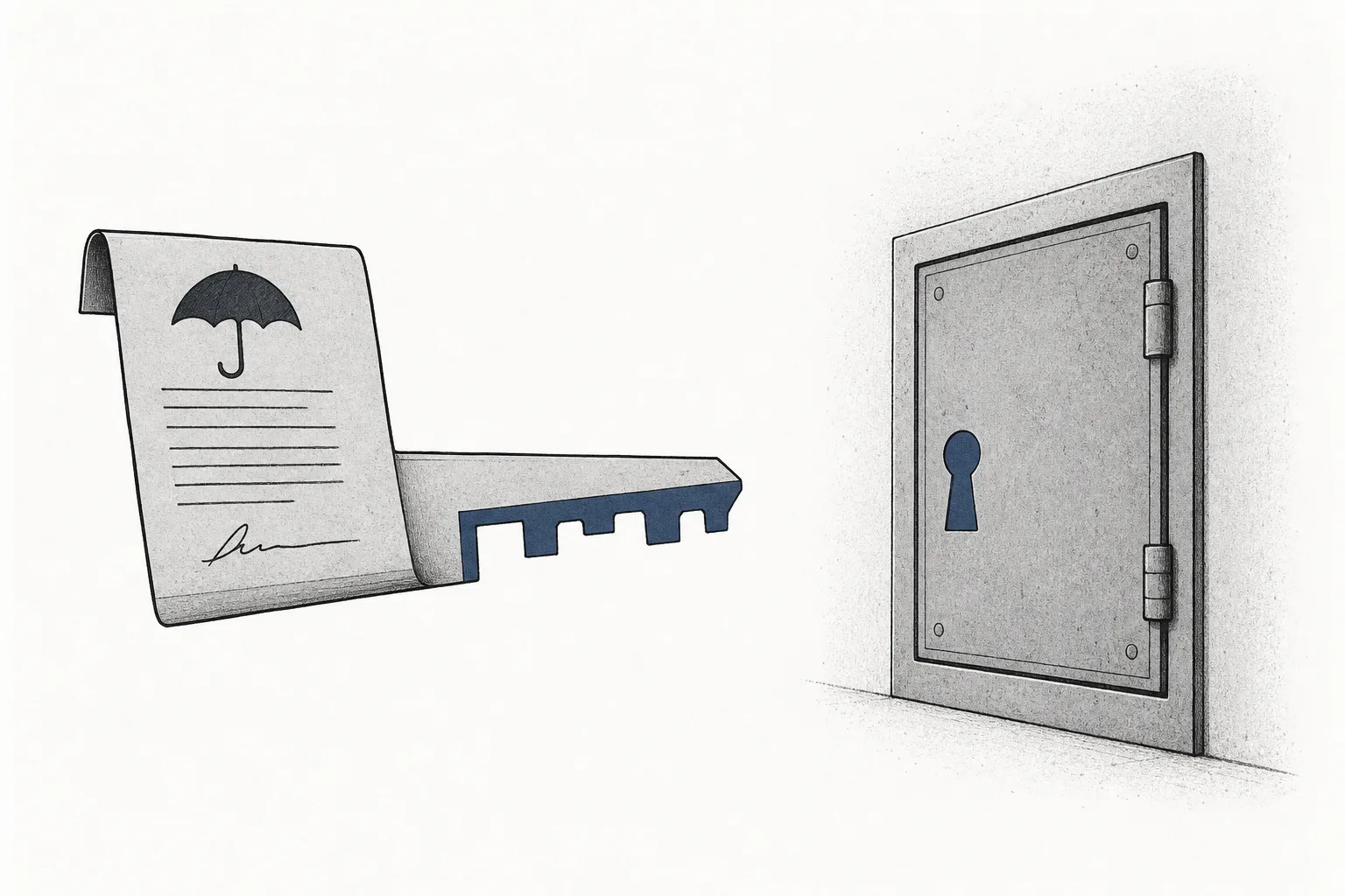 An insurance policy transformed into a key, held out to unlock the data-safe only for organizations that have secure backup copies.