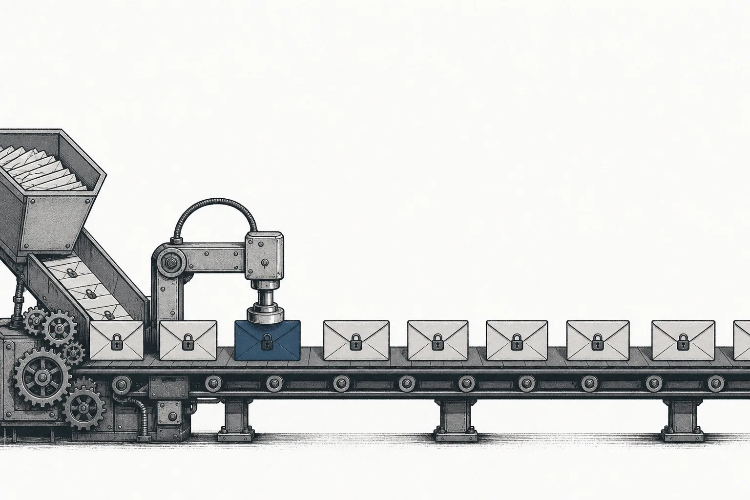 A factory conveyor belt mass-producing identical ransom-note envelopes, representing attacks turned into a commercial industry.