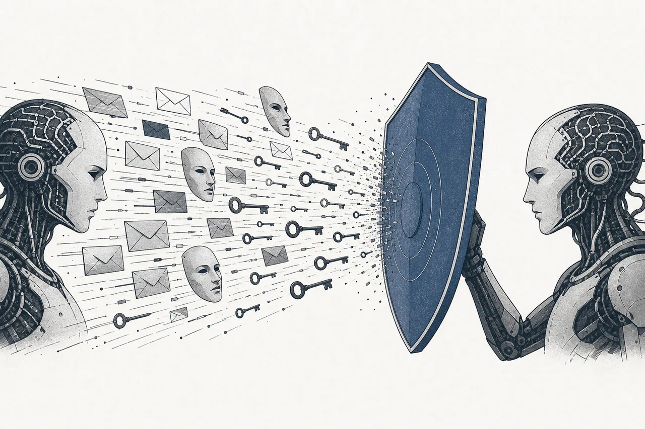 Two robots face off from opposite sides. One fires out scam emails and fake masks; the other raises a shield to catch them — a duel between the attacking AI and the defending AI.
