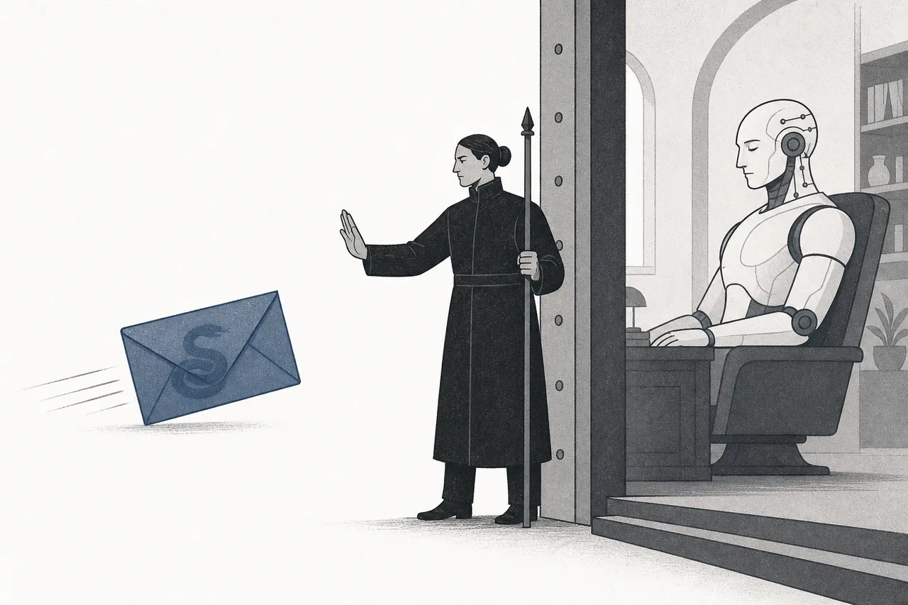 An AI assistant sits behind a guarded door. A suspicious email slides in carrying a hidden instruction, but a gatekeeper checks it before letting any action through.