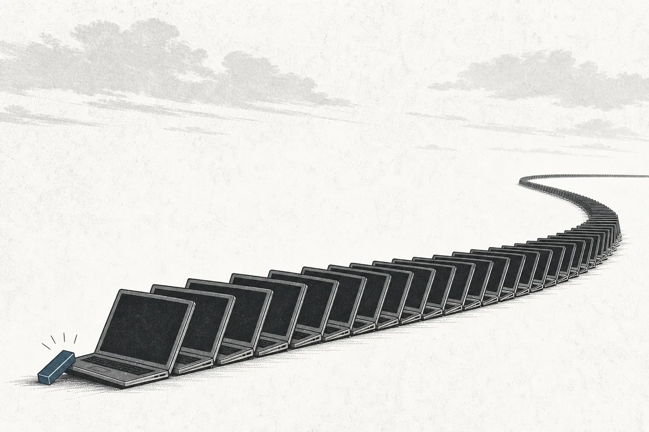 A vast number of laptops toppling together like dominoes, from a single stumble at the front of the line