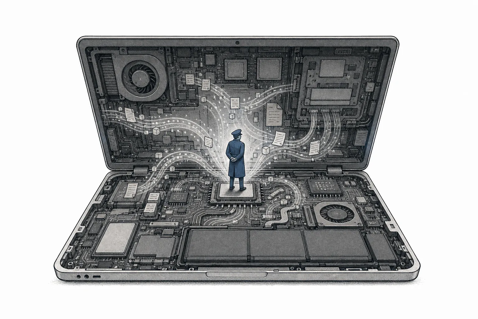 A cross-section of a laptop opened to show its insides, with a tiny guard standing watch inside, keeping an eye on what moves on the machine.