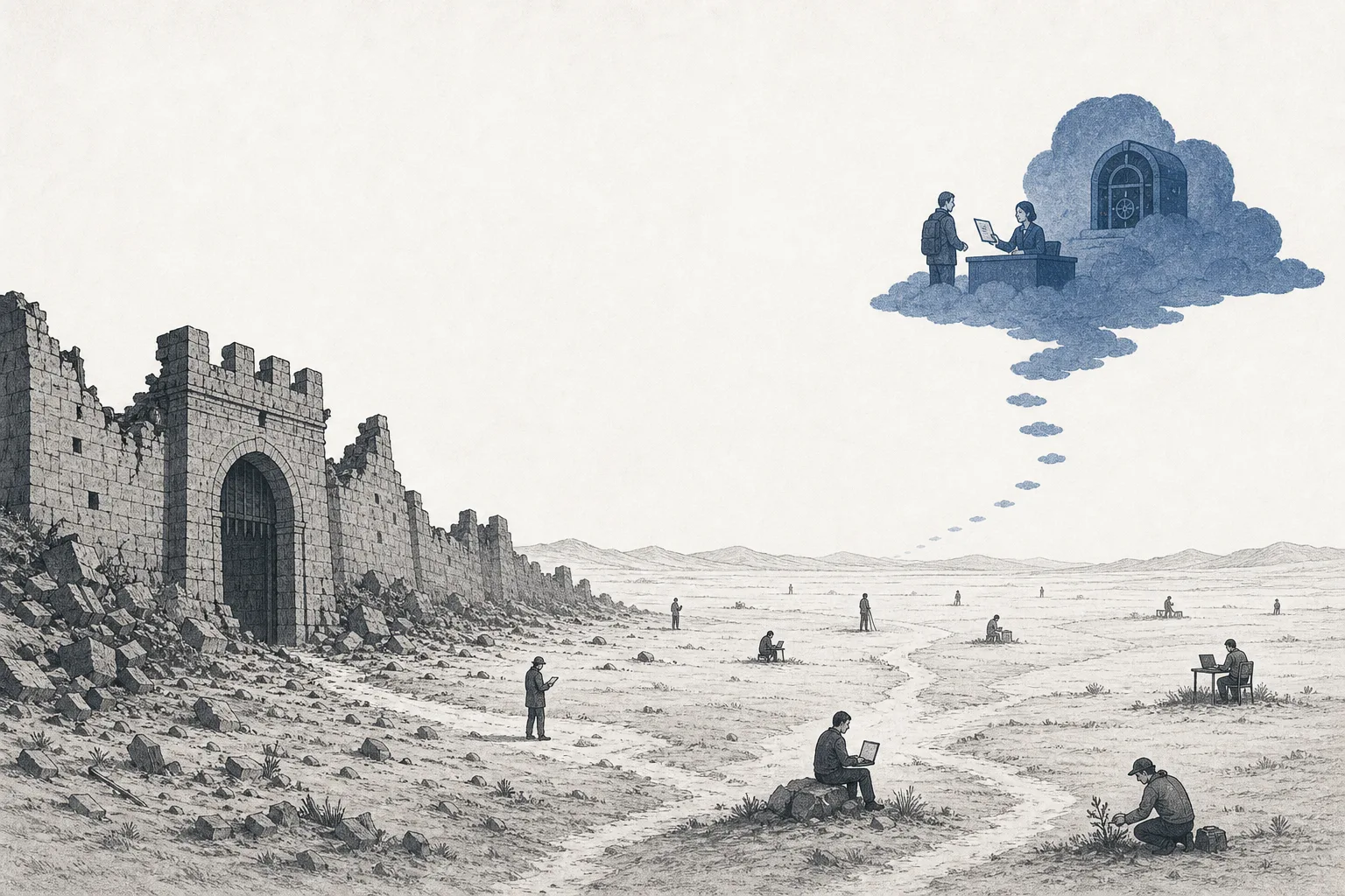 A stone castle wall crumbling down, while people scatter to work in different places, and checkpoints float on clouds, checking each person one by one