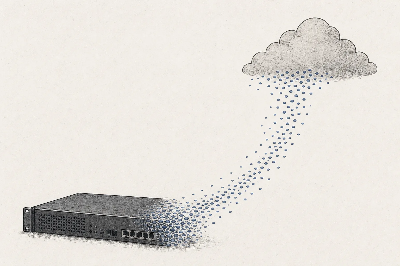 An old hardware security box dissolving into a stream of monthly subscriptions flowing up into the cloud