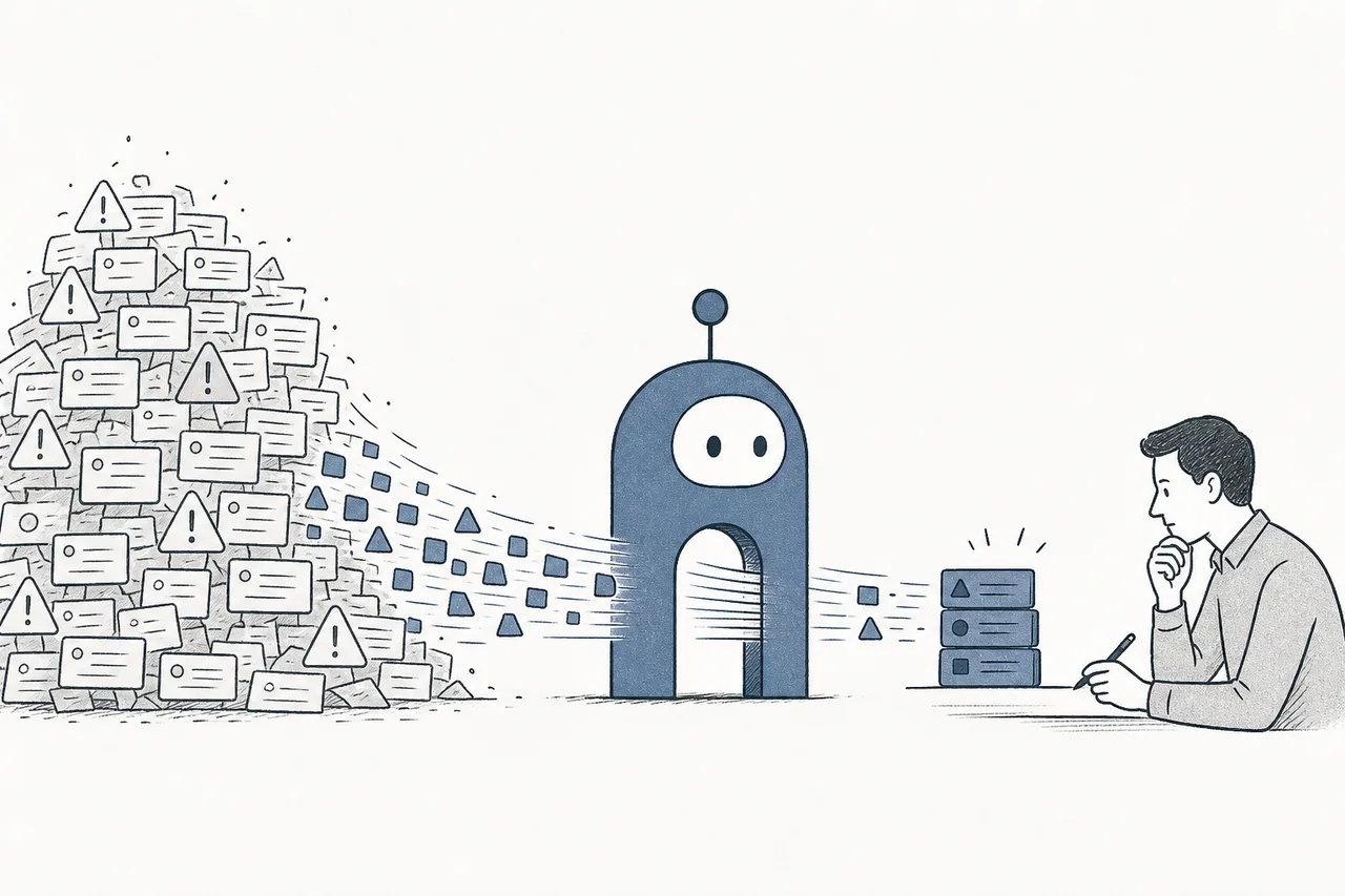 A simply-shaped AI assistant sifting an enormous pile of alerts down to the few it hands off to a human analyst to decide on