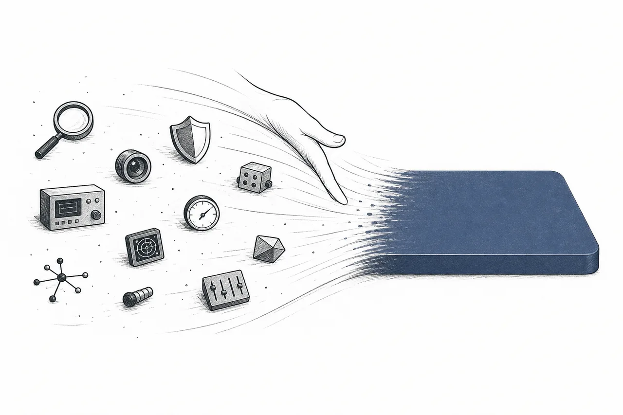 A giant hand sweeping several scattered security tools together into a single platform