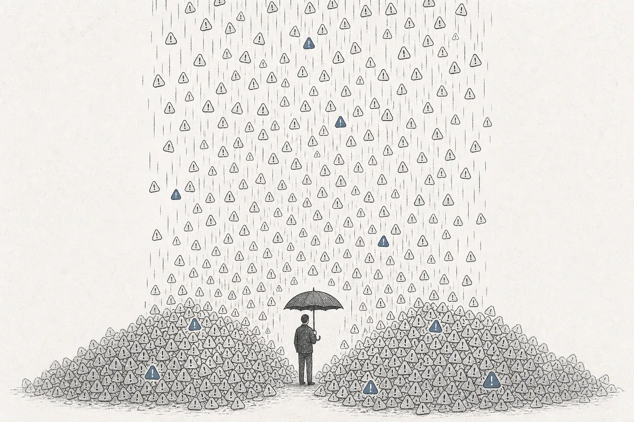 A tiny analyst standing under an unceasing rain of alerts, holding an umbrella, with only a few drops being real threats