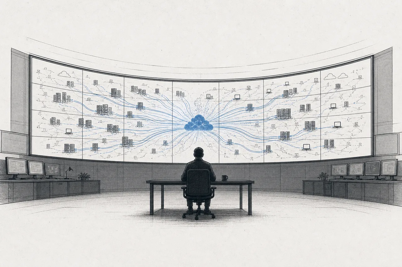 A quiet security control room with a single analyst sitting in front of a wall of monitors that pulls alerts from across the whole organization into one picture