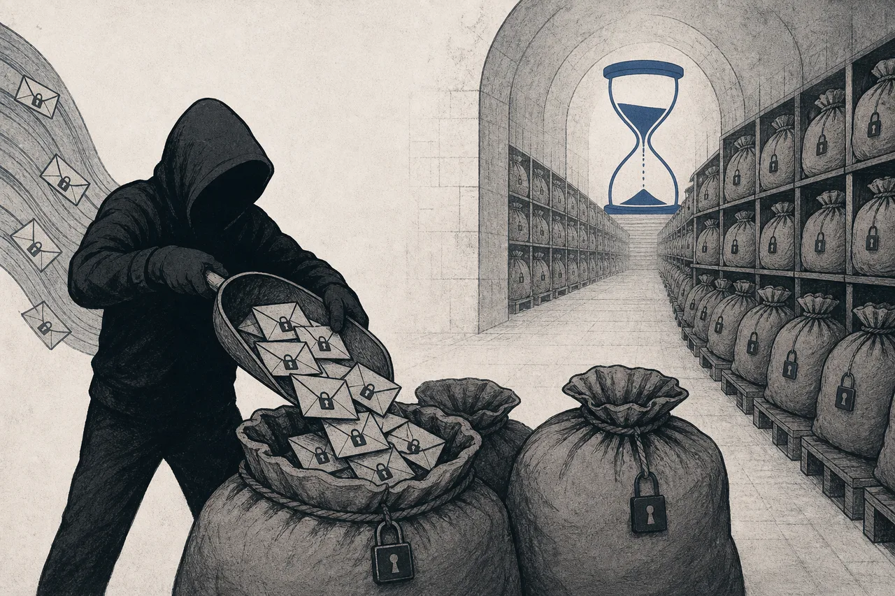 A thief sweeping sealed envelopes into sacks to store in a warehouse, with a clock showing they can't be opened yet — waiting for a future day