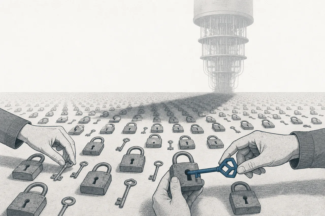 Many old safes and keys being swapped for keys of a new shape, while the shadow of a giant quantum computer stretches in from behind