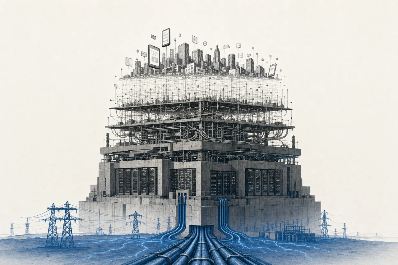A massive digital infrastructure stacked in layers — the base plugs into the power grid, above it sit data-center buildings and servers, and at the top a glowing digital city