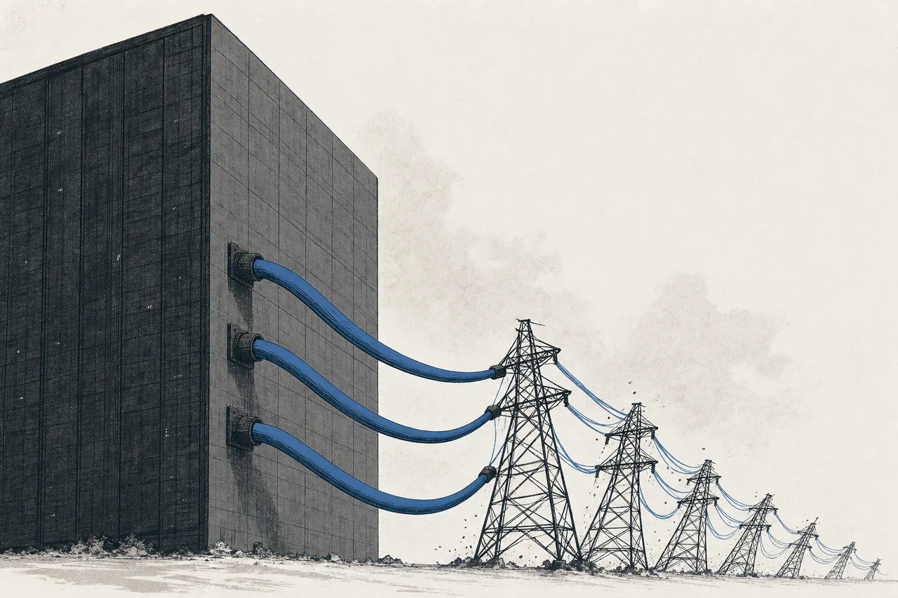 A massive data-center building plugging several thick cables into a utility pole that is bending under a load it can't bear