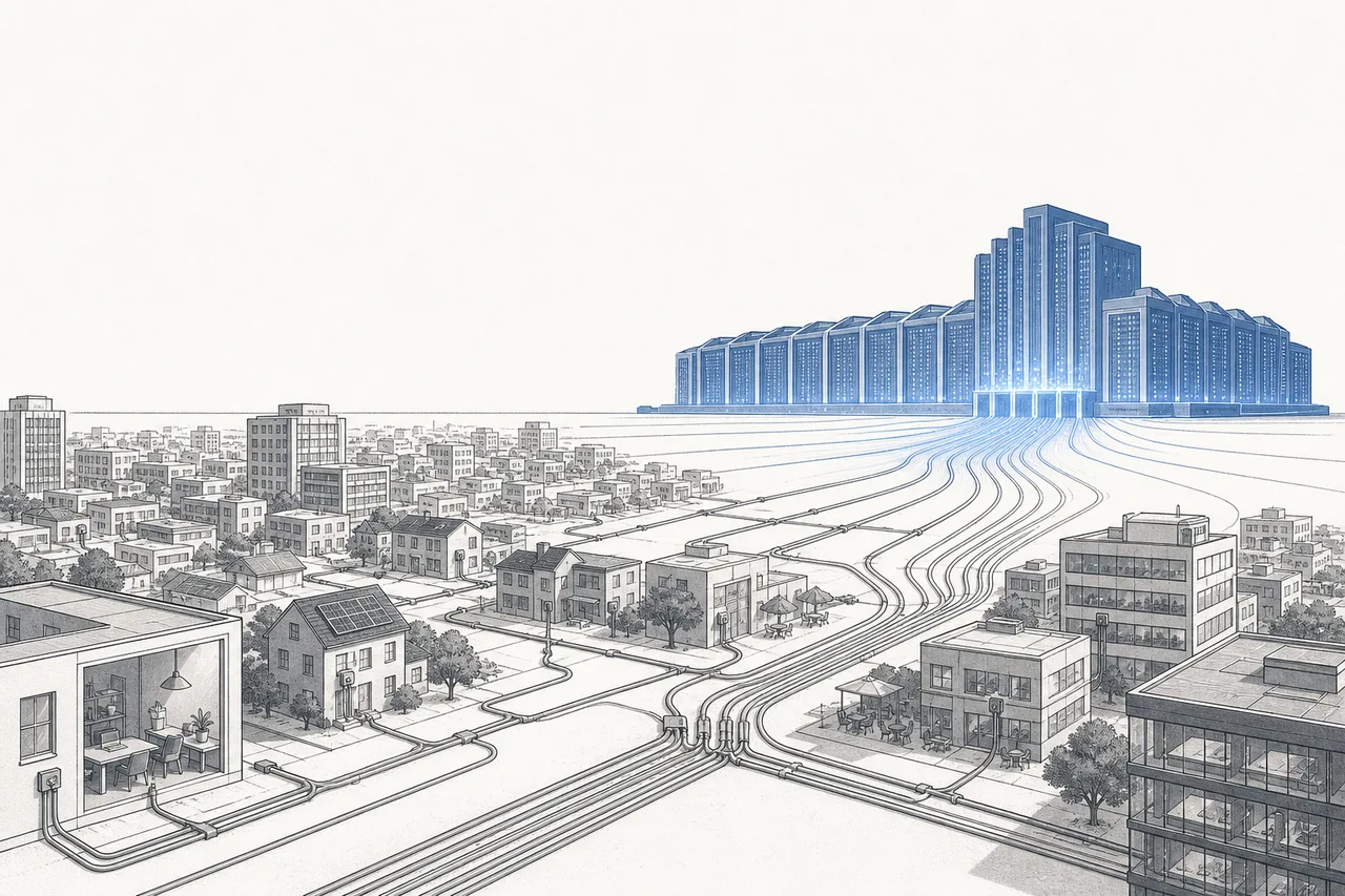 A whole city plugging into just a few giant data centers as if they were central power plants, sending computing power out to feed every building