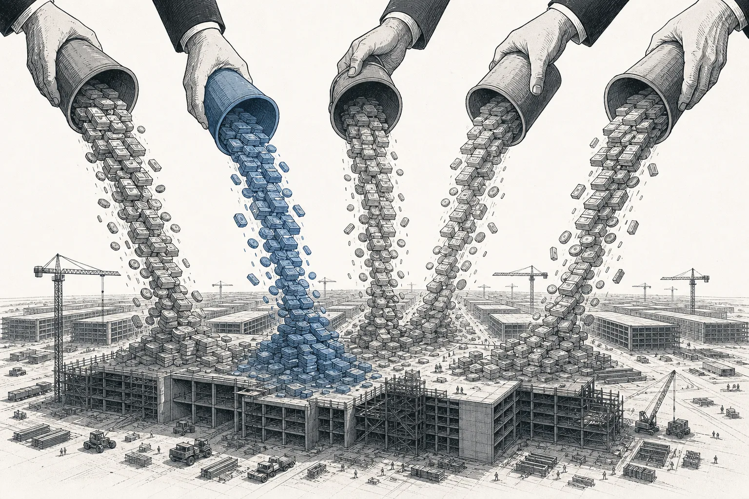 Several giants pour huge piles of money into building data centers that rise across the horizon — the biggest investment race in business history.