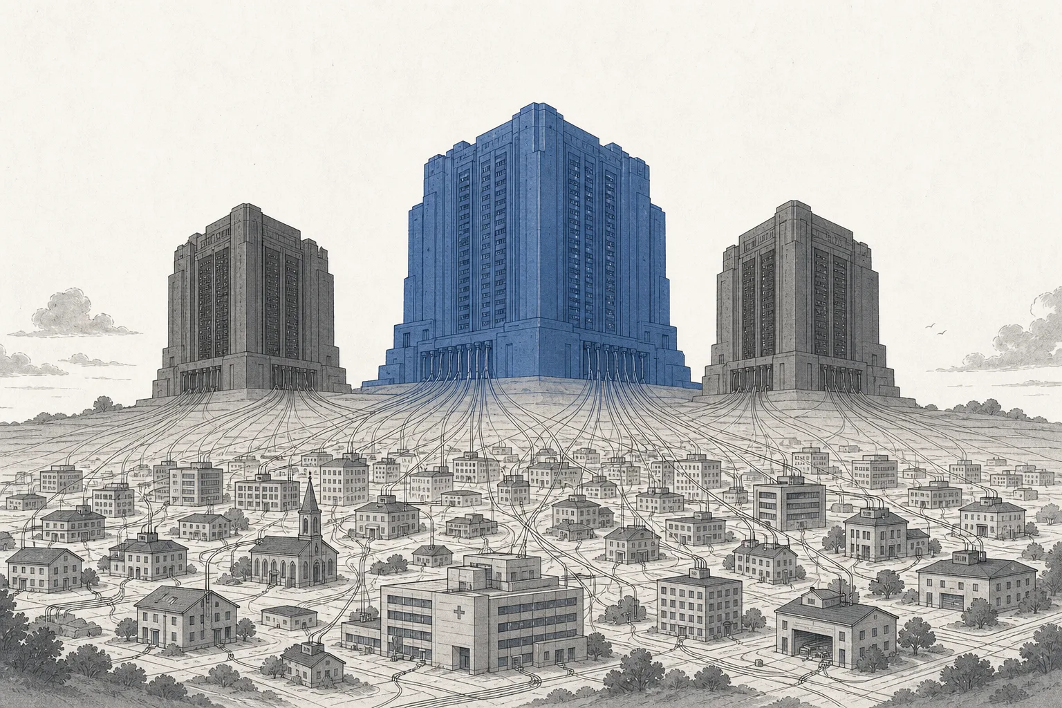 Three giant data centers tower over an entire city, like three landlords renting out computing power to every building below.