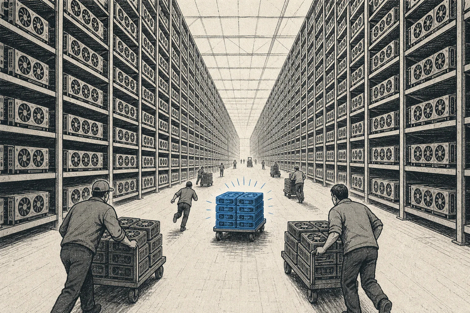 An enormous warehouse filled with rows of graphics-card shelves stretching as far as the eye can see. Several small people are hurriedly loading blue-glowing graphics cards onto carts, conveying the scramble to hoard GPU power in the AI era.