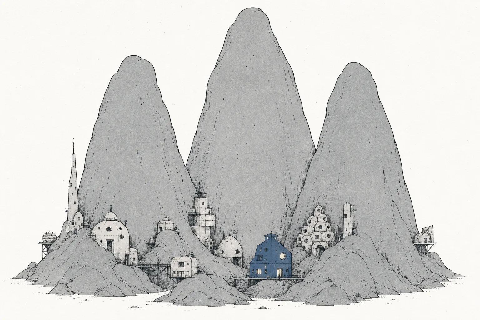 Three enormous mountains tower in the center of the image, standing for the Big Three. In front and along the valleys are several oddly shaped little buildings climbing into and drilling through the gaps the big mountains can't reach — one of them glowing blue.