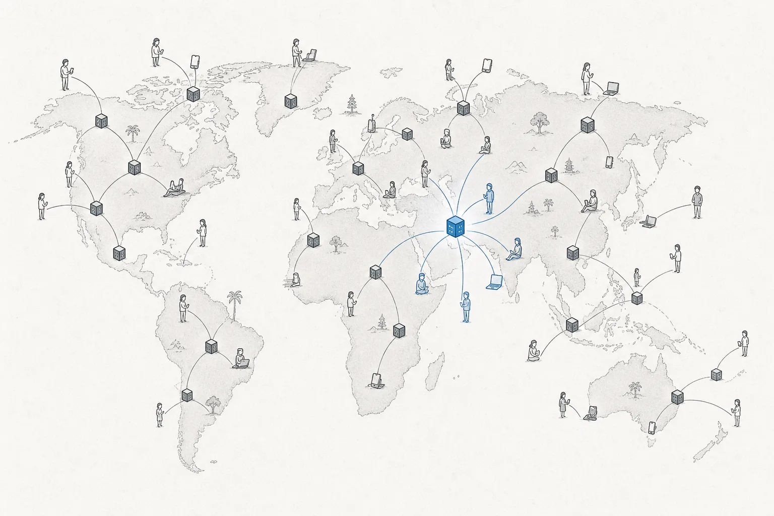 A world map with small glowing dots scattered near cities across every continent. Each dot sends a thin line out to the nearest user's device, conveying AI processing moving close to users instead of centralizing.