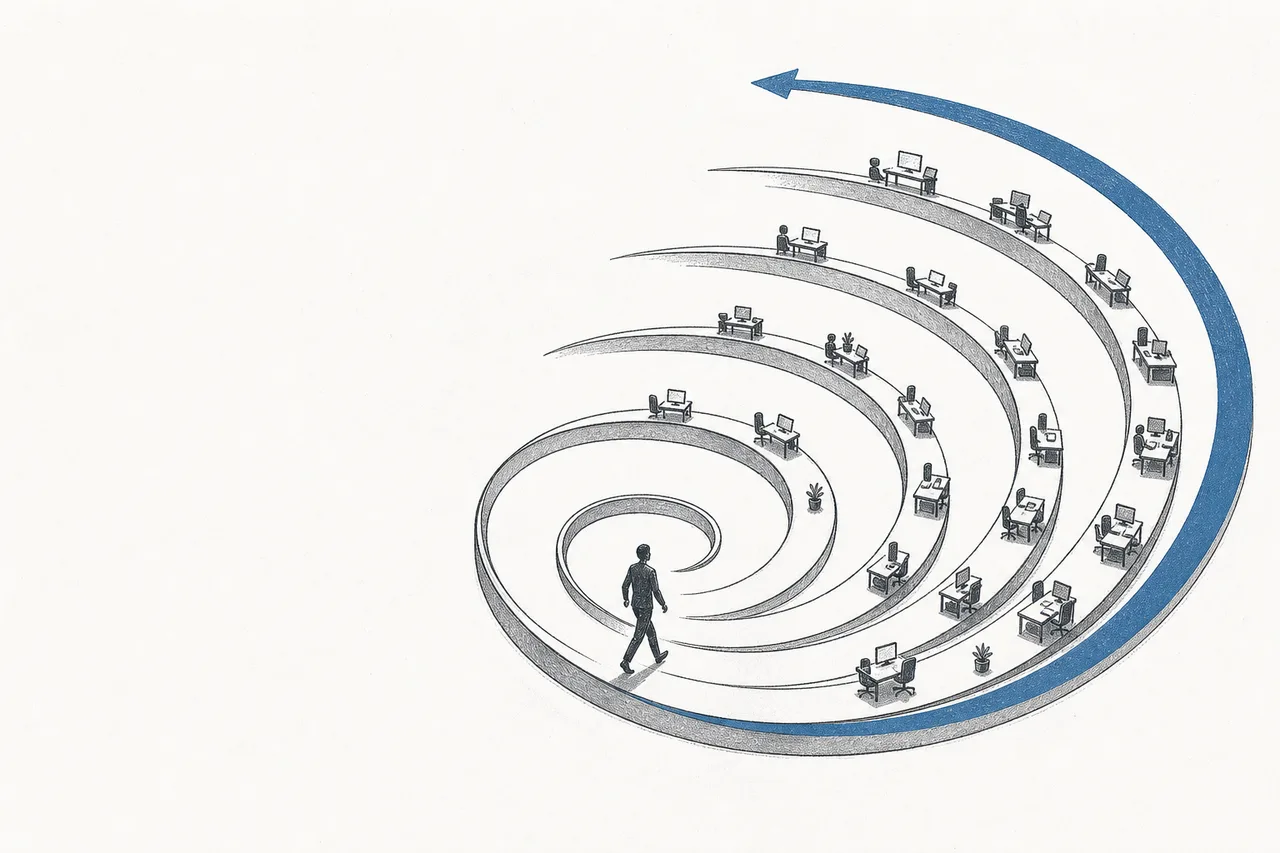 A spinning wheel where one person at a time steps on, and the more it's used the more it spins and widens, becoming an expanding spiral
