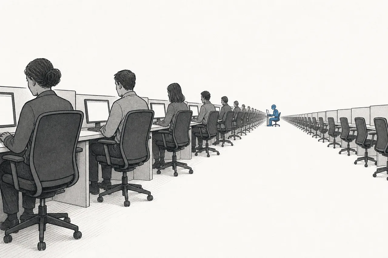 A row of office chairs slowly emptying because a single robot assistant sits and works in place of several people, asking whether you still pay the same for the chairs