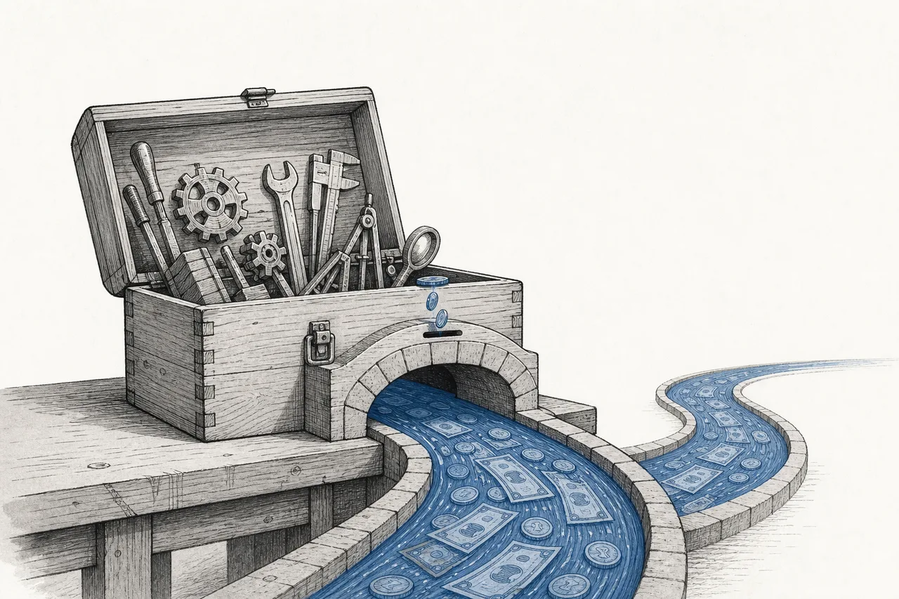 One craftsman's specialized tools slowly turning into a tollbooth, with coins and a stream of money flowing under the bridge that the software built
