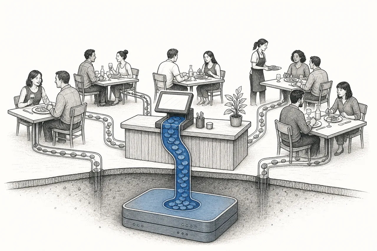 A countertop register slowly widening into a large pipe that sucks money from every table into a single stream flowing back into the software