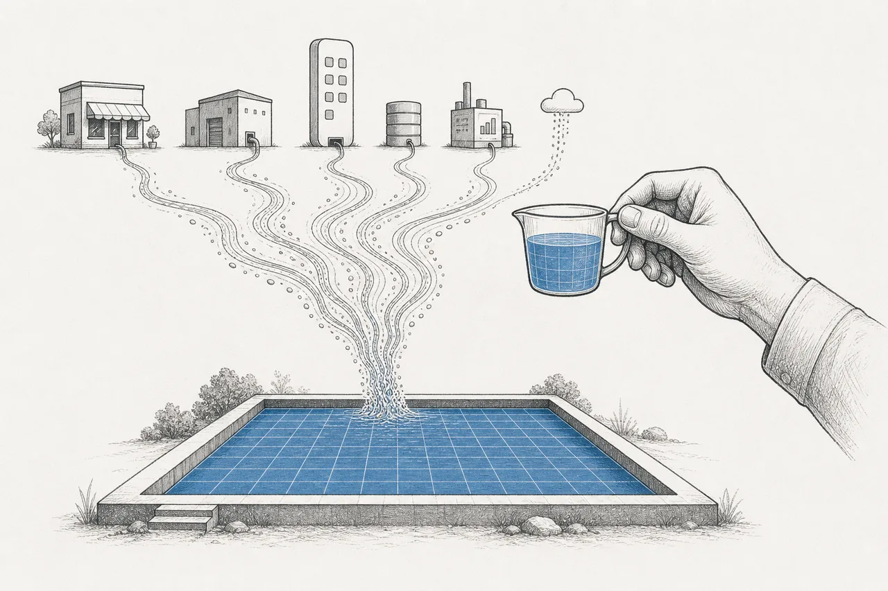 A large data reservoir where streams of data from across the company flow together into a single lake, with a hand lifting a measuring cup to scoop water up and inspect it