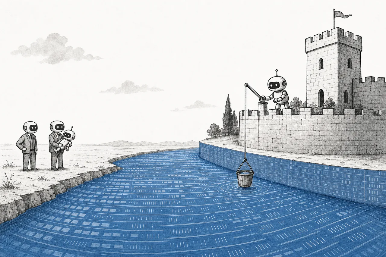 A castle surrounded by a moat full of data; an AI robot drinks from the moat while rivals outside can't cross it