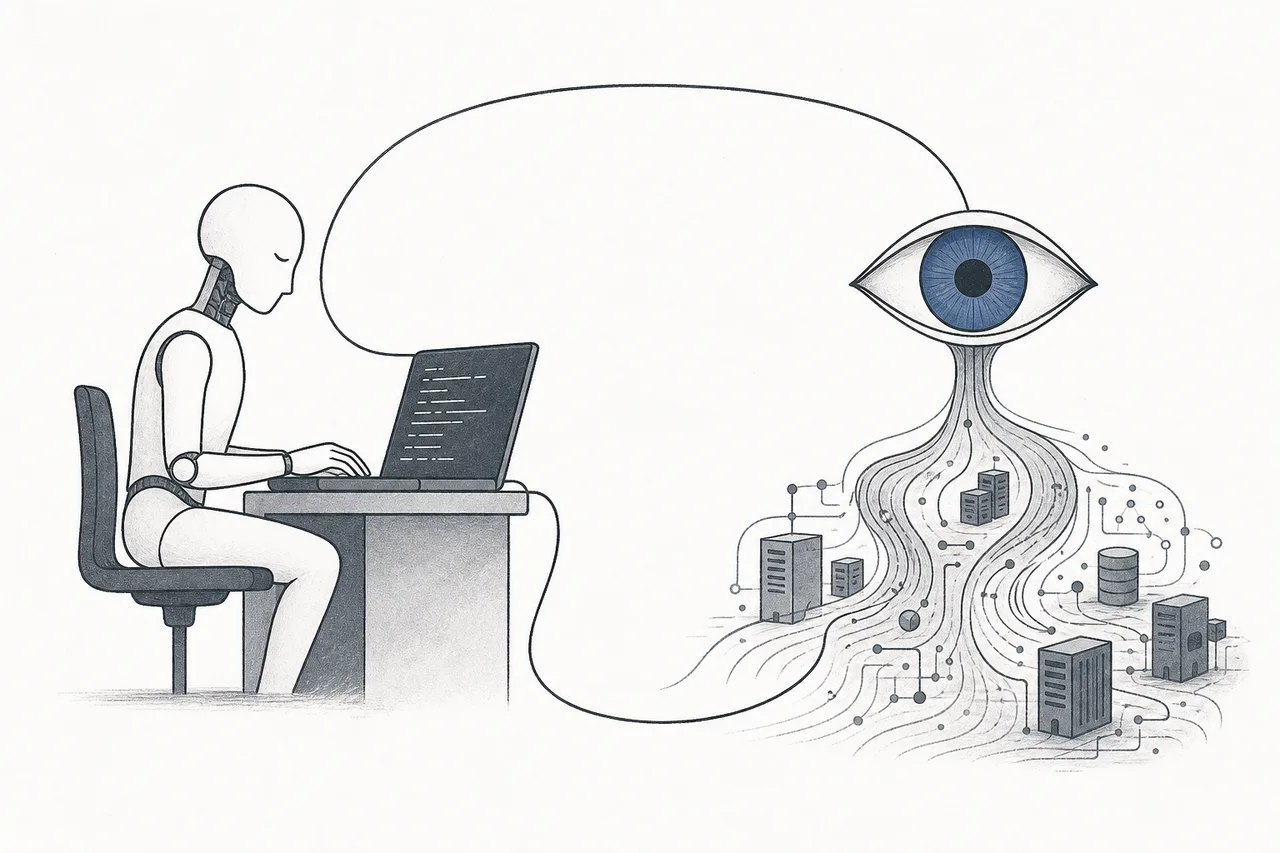 An AI robot writing code at a desk while, on the other side, an eye keeps watch over a system — both the worker and the thing being watched