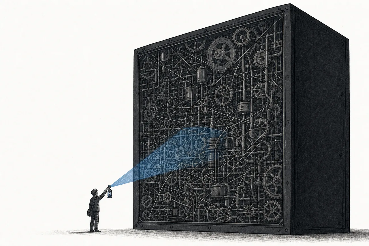 A tiny engineer standing bewildered in front of a giant black box, its insides full of tangled mechanisms, with no way to see what's happening inside