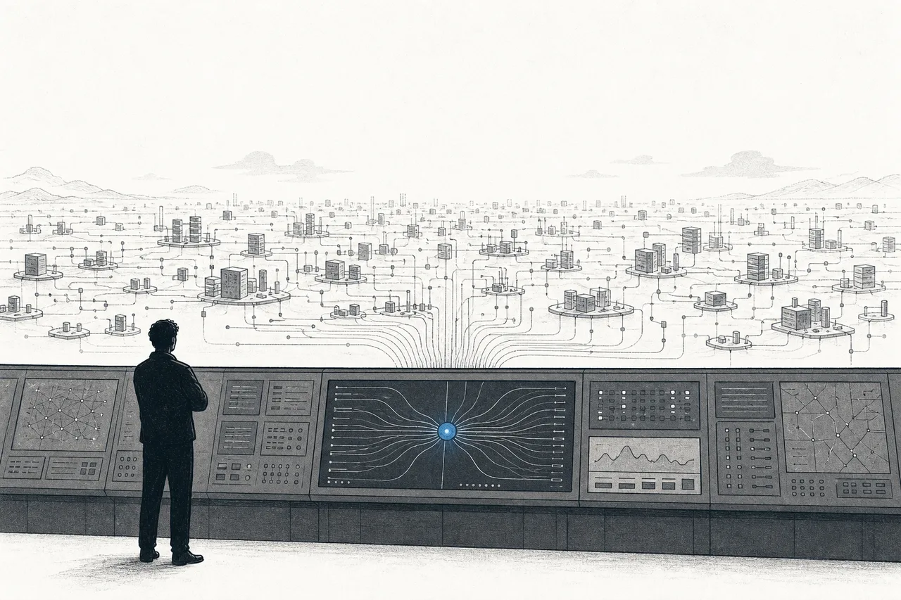 A calm control room with a wall of displays watching over a complex software city, with data routes flowing in and converging on a single screen