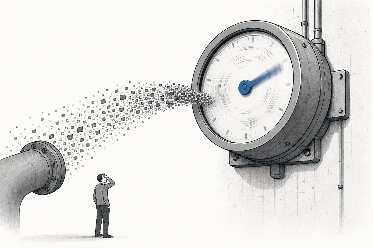 A giant water meter whose numbers spin so fast they blur, as a flood of data flows through the pipe and a user watches anxiously