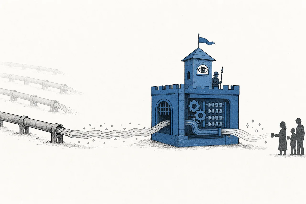 A side-by-side comparison: a plain, cheap water pipe anyone can sell, next to a fortress with walls, guards, and a calculator — meaning the business of moving data became a commodity, while security and compute are where the value is.