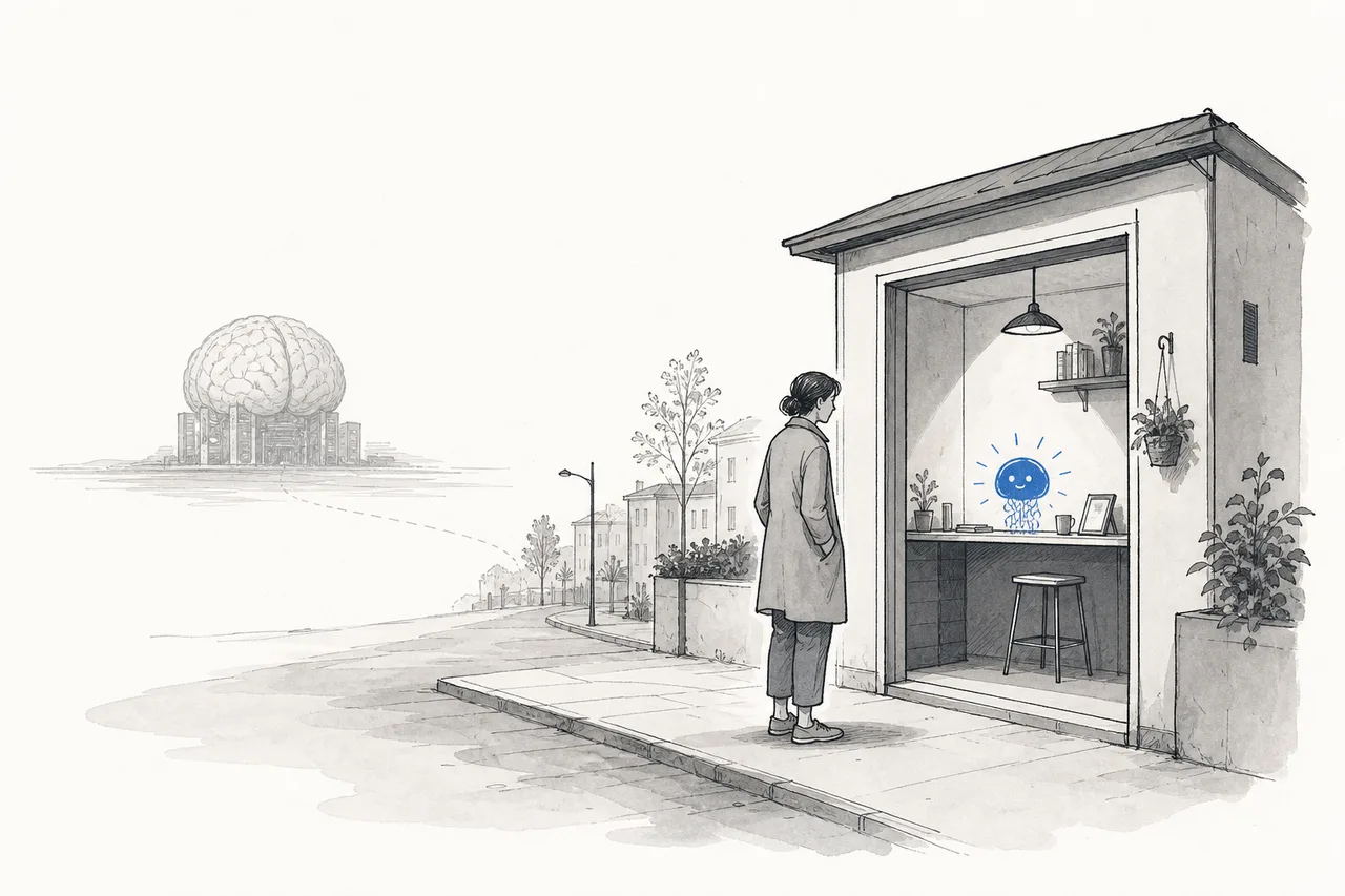 A small AI sitting at a network point near a user's home, answering questions on the spot without sending them to a giant brain far away.
