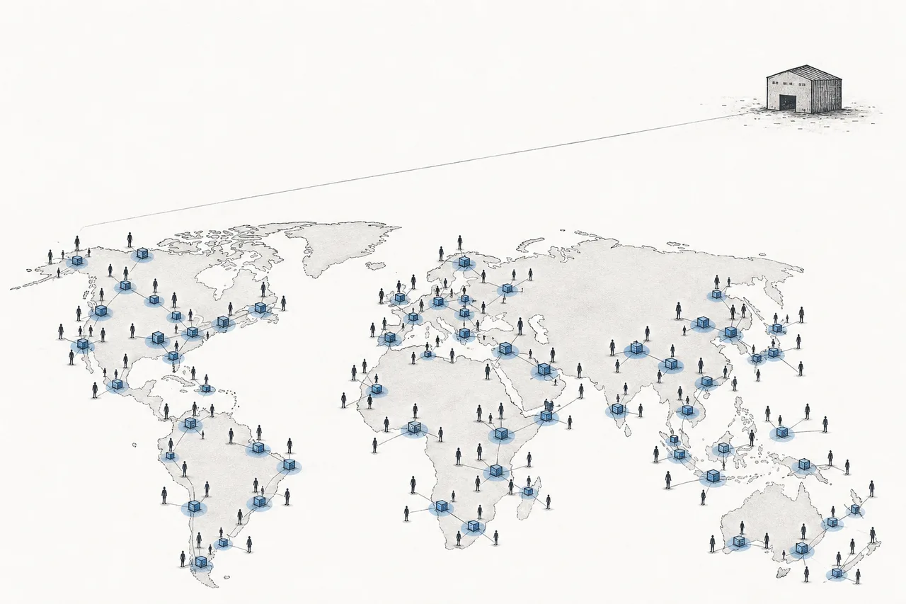 A world map dotted with many tiny points clustered near cities, so data travels a short distance to reach people instead of having to run to a distant central data center.