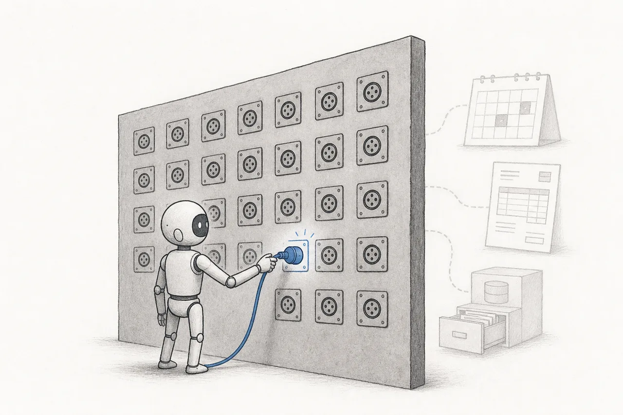 A small AI robot standing in front of a wall of plug sockets in a row, reaching out to plug in so it can command other apps