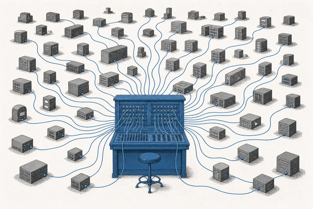 A city built from hundreds of business-app boxes floating apart, with a central switchboard wiring every box together