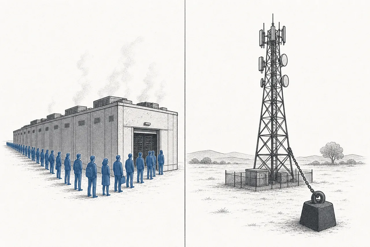 Two sides: one is a data center with a long queue of customers lining up to rent because of AI, the other is an old cell tower that's calmer and more stable