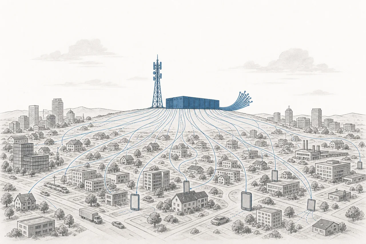 A city at night where every building, phone, and car has an invisible thread running back to just a few cell towers, data centers, and fiber lines
