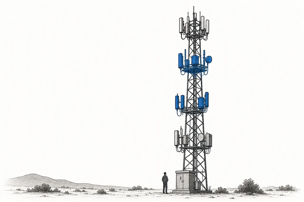 A single cell tower with several mobile carriers renting space to mount gear at different levels, like a multi-tenant rental building