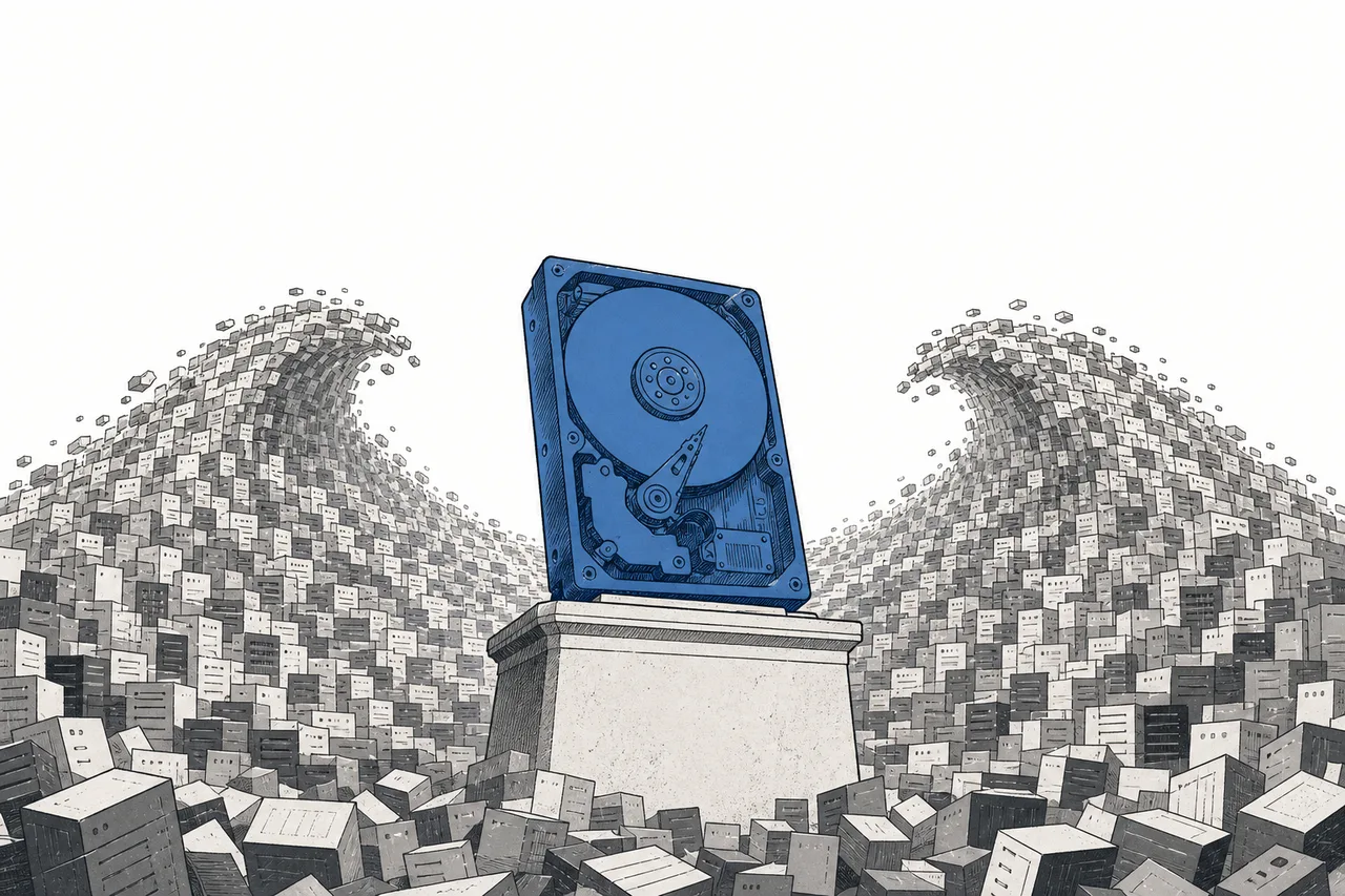 An old, dated-looking hard drive lifted onto a pedestal as the new hero under spotlights, while a vast flood of AI data pours in to be stored